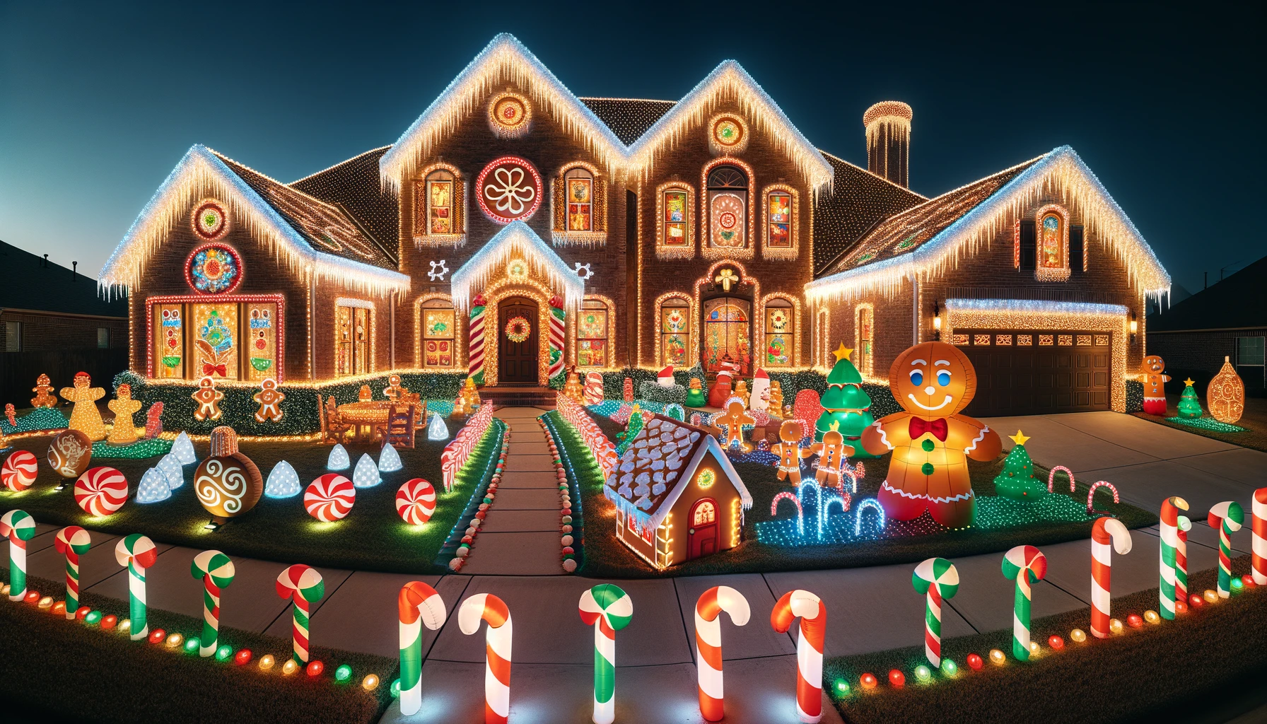 Gingerbread Christmas Lights on House at Night