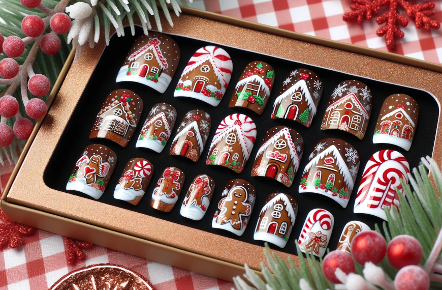 Gingerbread House Acrylic Fake Nails Packaged