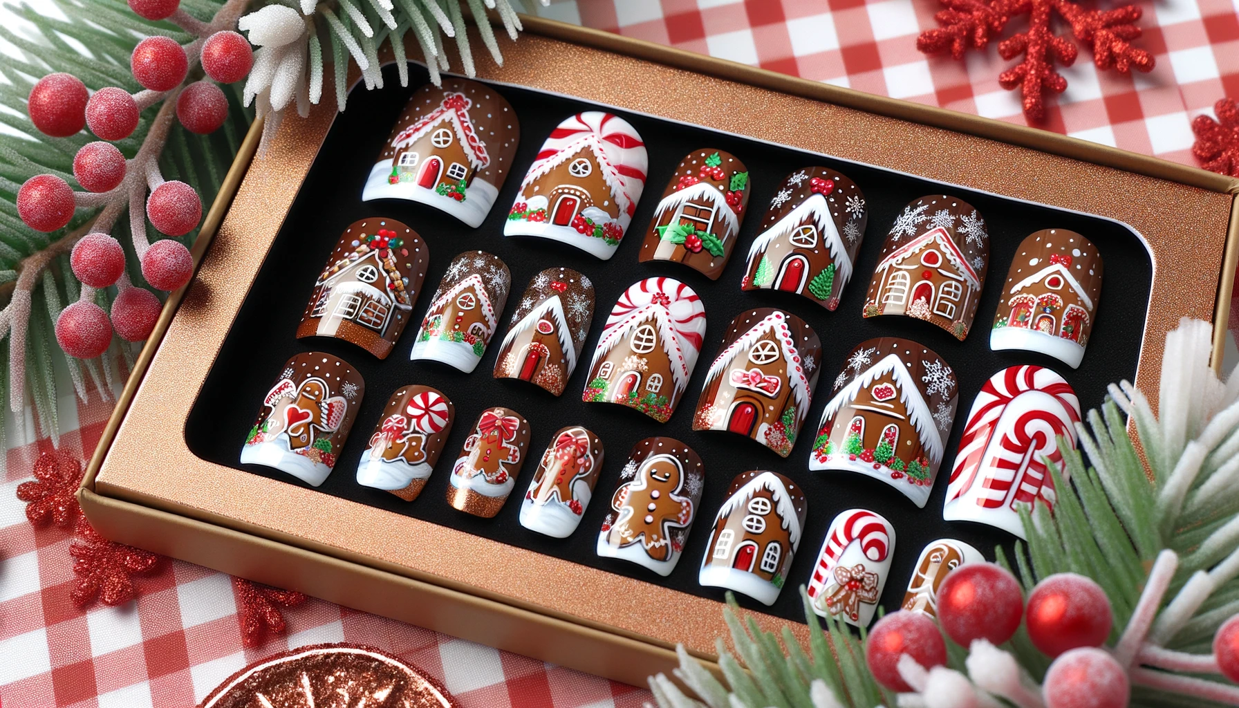 Gingerbread House Acrylic Fake Nails Packaged