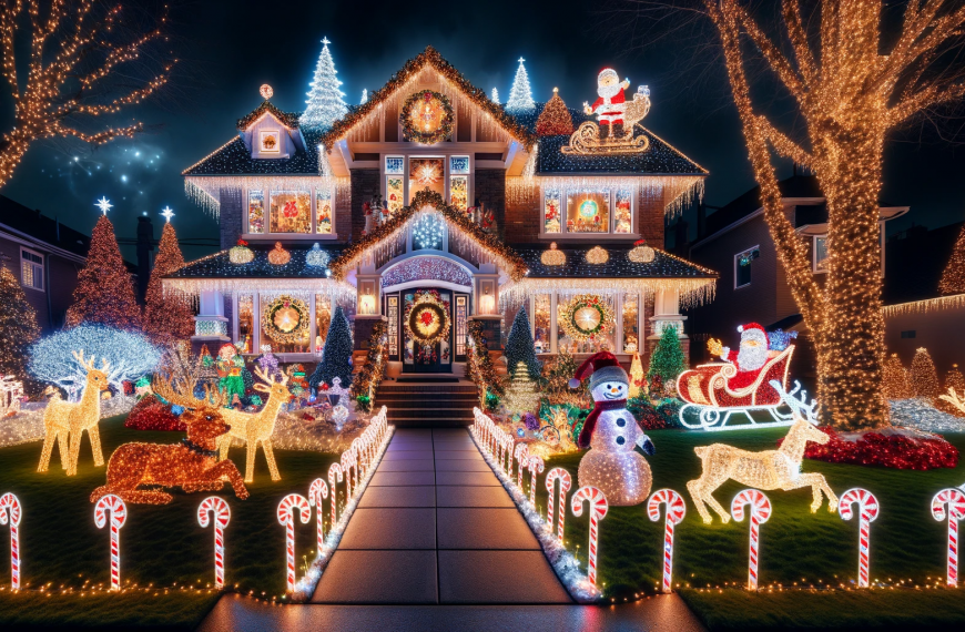 House Decorated with Multiple Christmas Lights at Night