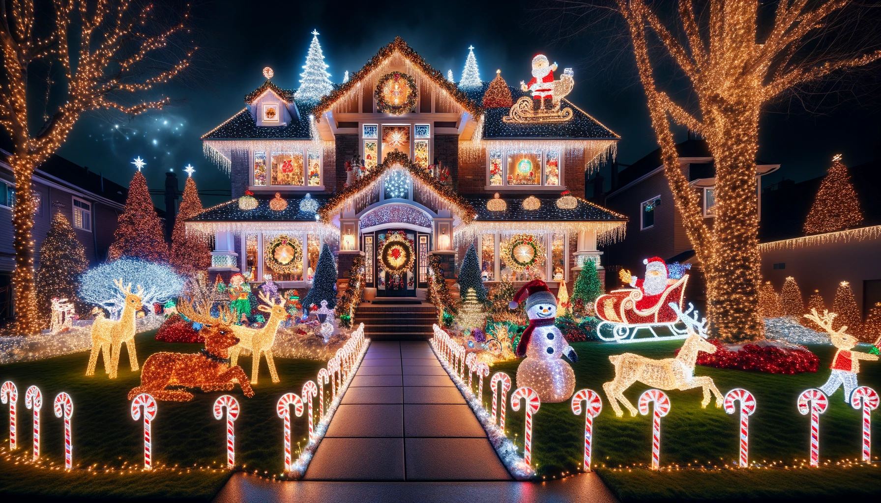 House Decorated with Multiple Christmas Lights at Night