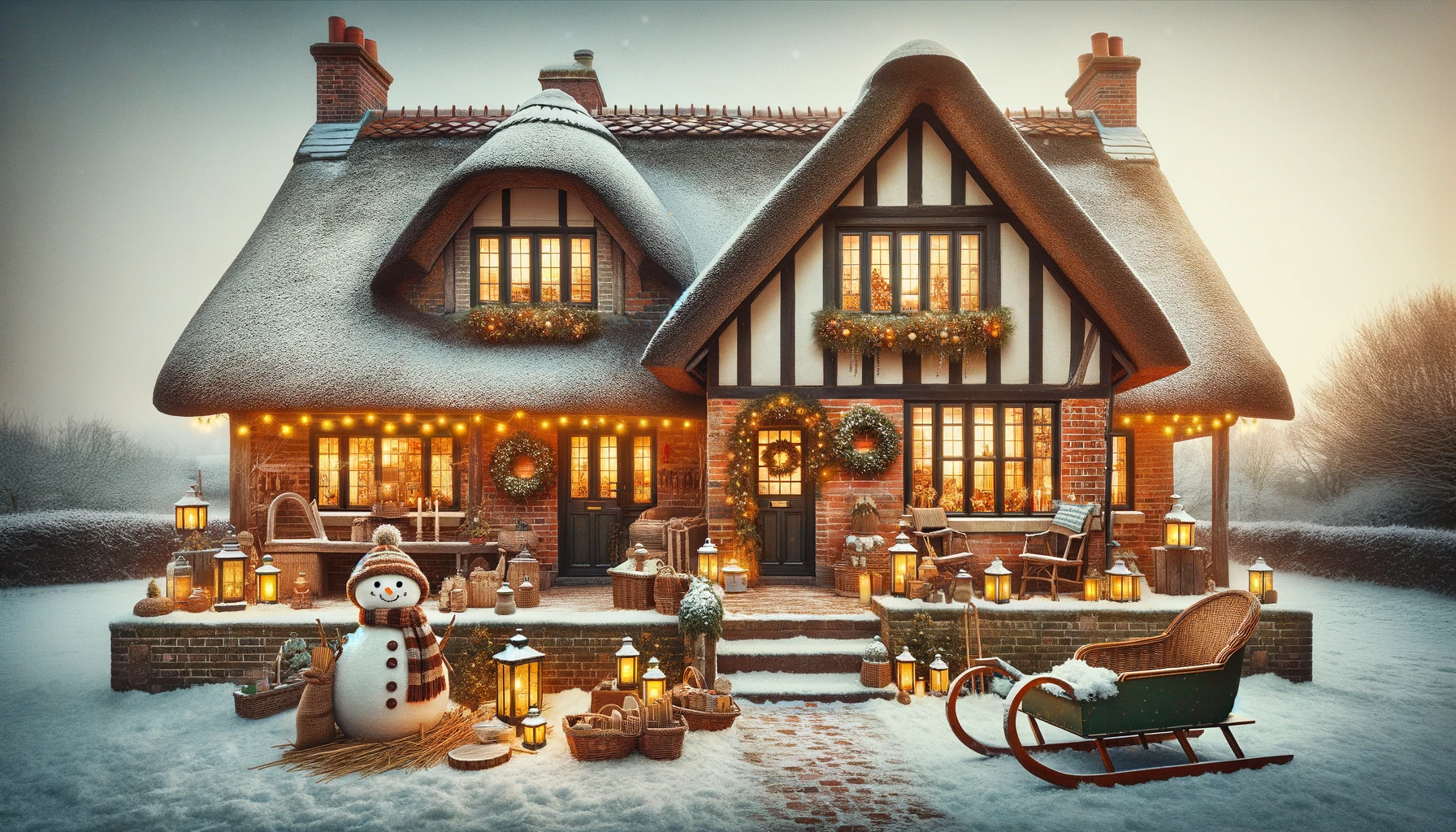 House with Traditional Christmas Decorations in Snow