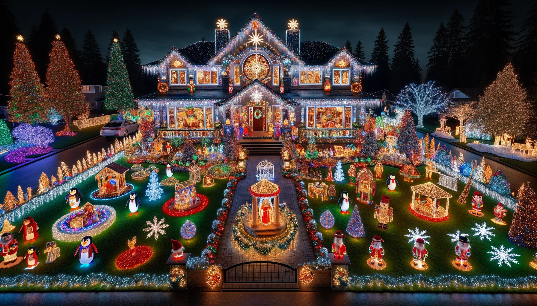 Lavishly Decorated Christmas House at Night