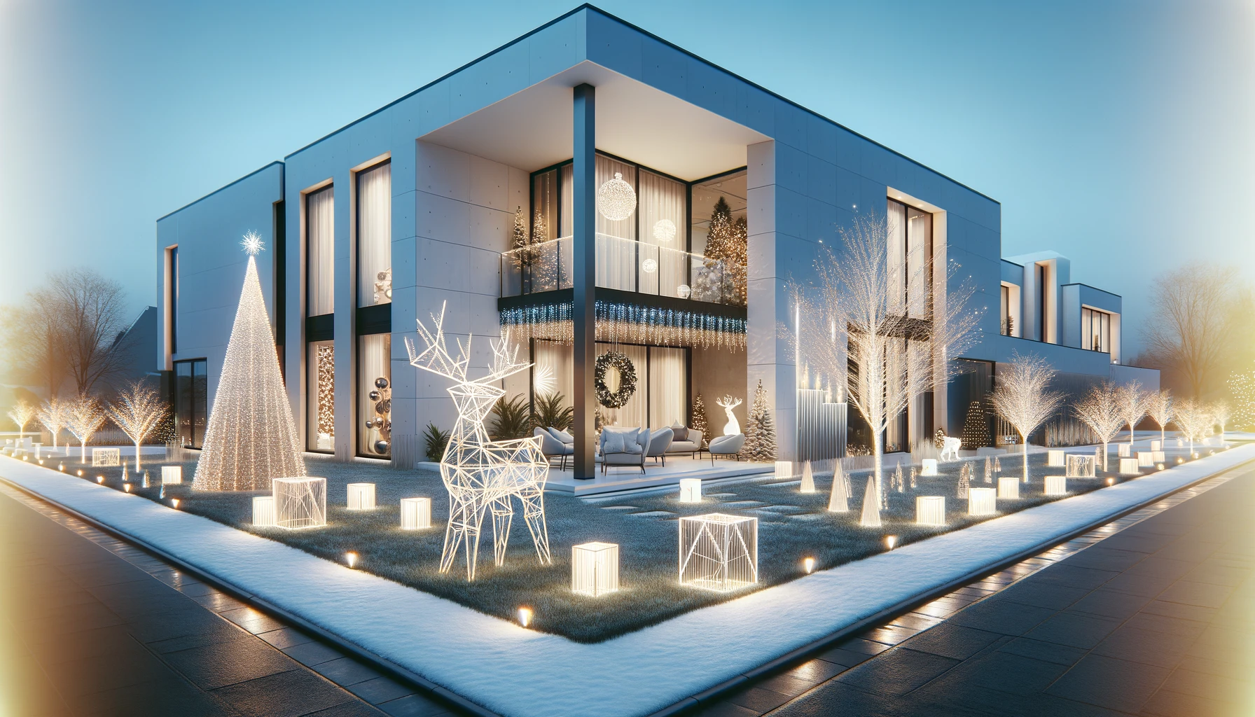 Modern Sleek House with White Christmas Lights