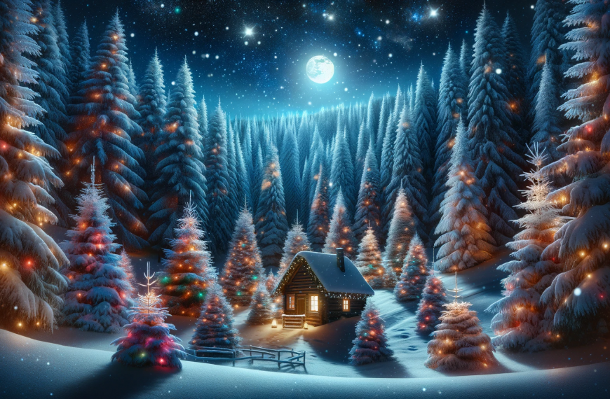 Night Christmas Trees Lights Cabin Snow