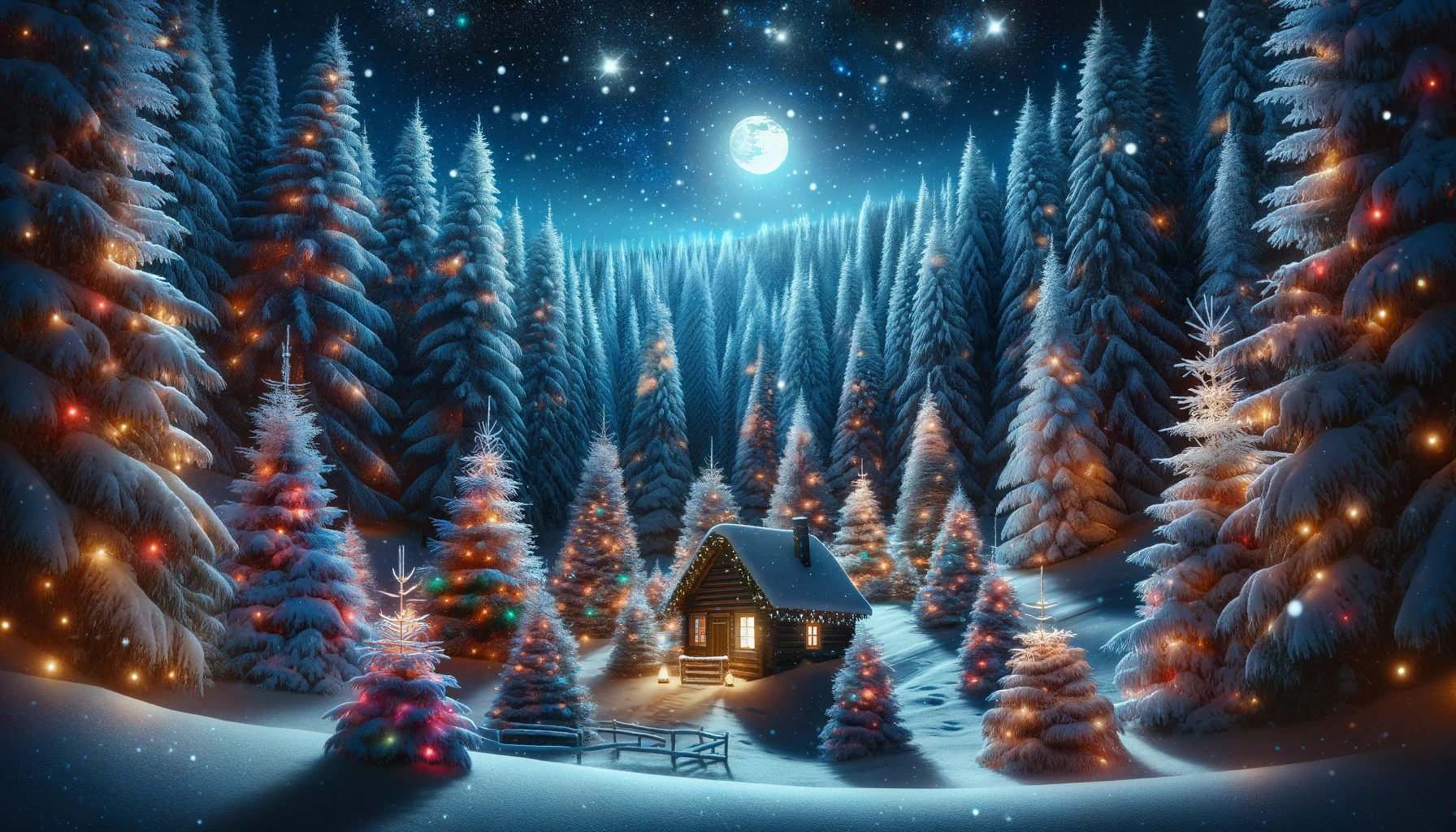 Night Christmas Trees Lights Cabin Snow