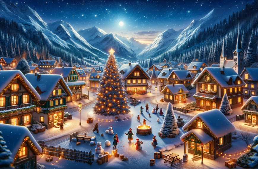 Peaceful Village Christmas Tree Lights snow Night