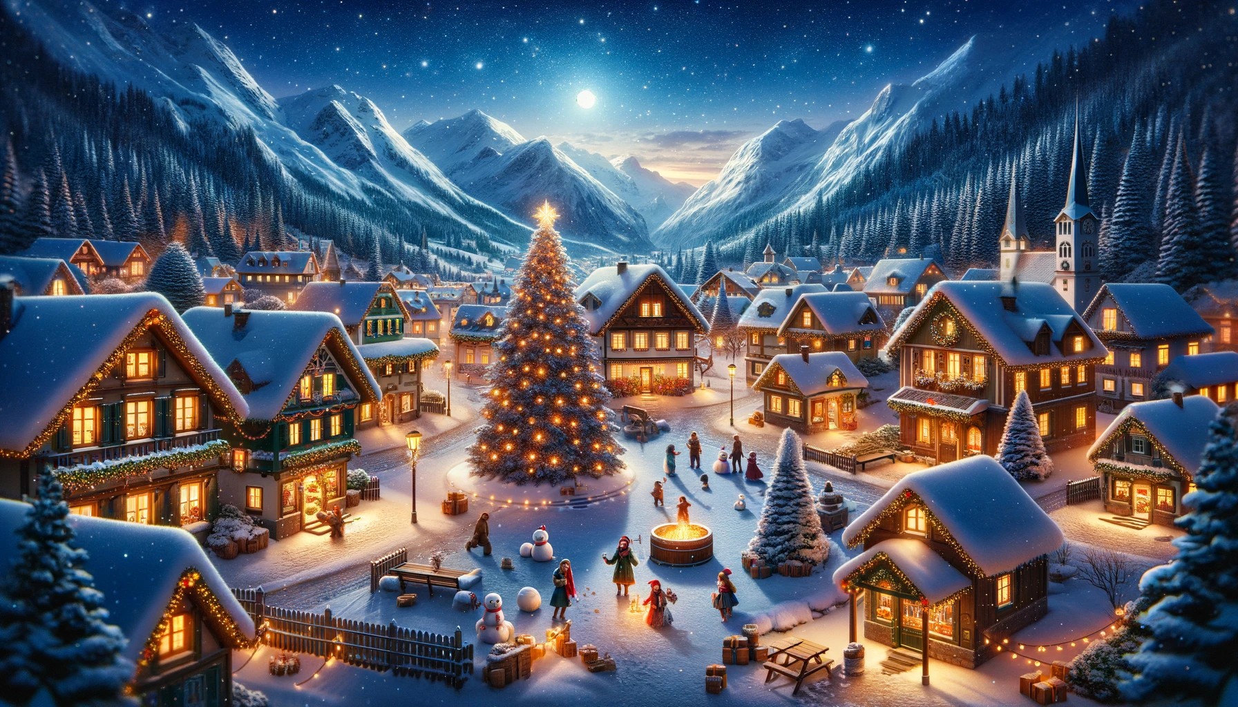 Peaceful Village Christmas Tree Lights snow Night