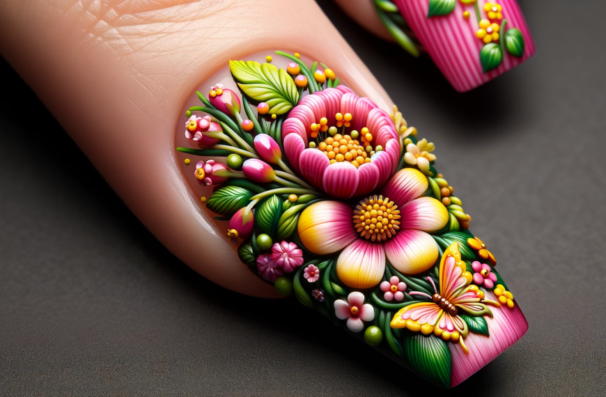 Pink Yellow Floral Nail Art