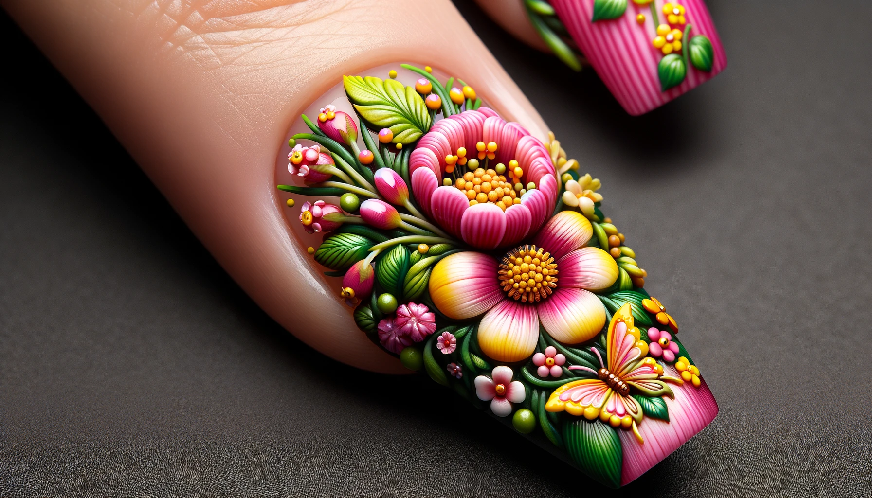 Pink Yellow Floral Nail Art