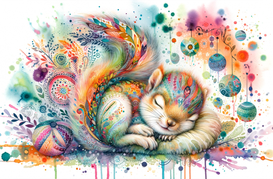 Rainbow Squirrel Sleeping on a Pillow Painting