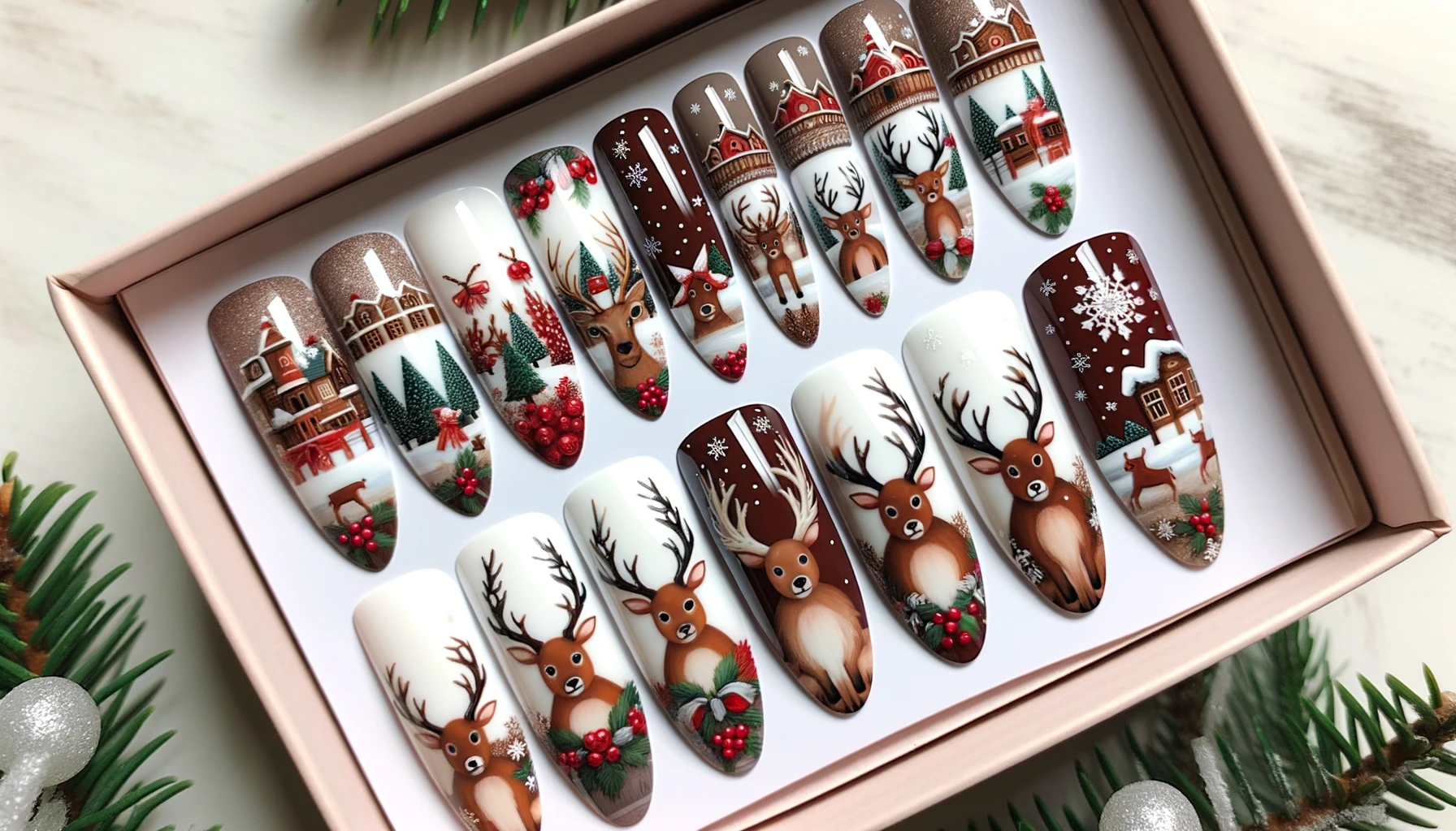 Reindeer Fake Nails Christmas Packaged Press On Nails