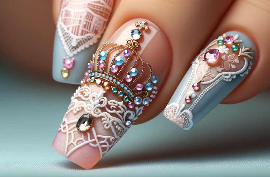 Royal Princess Crown Jewels Pastel Nail Art