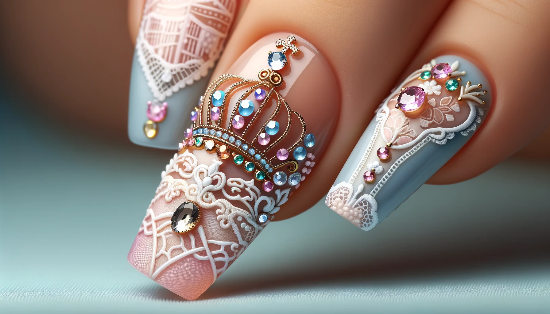 Royal Princess Crown Jewels Pastel Nail Art