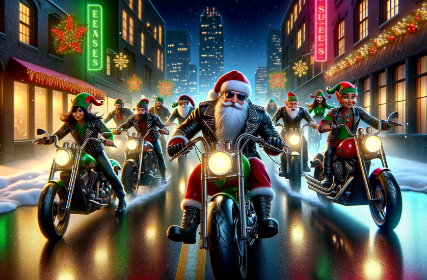 Santa Claus and Elves on Motorcycles