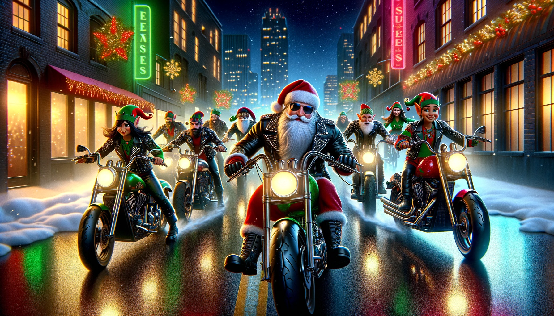 Santa Claus and Elves on Motorcycles