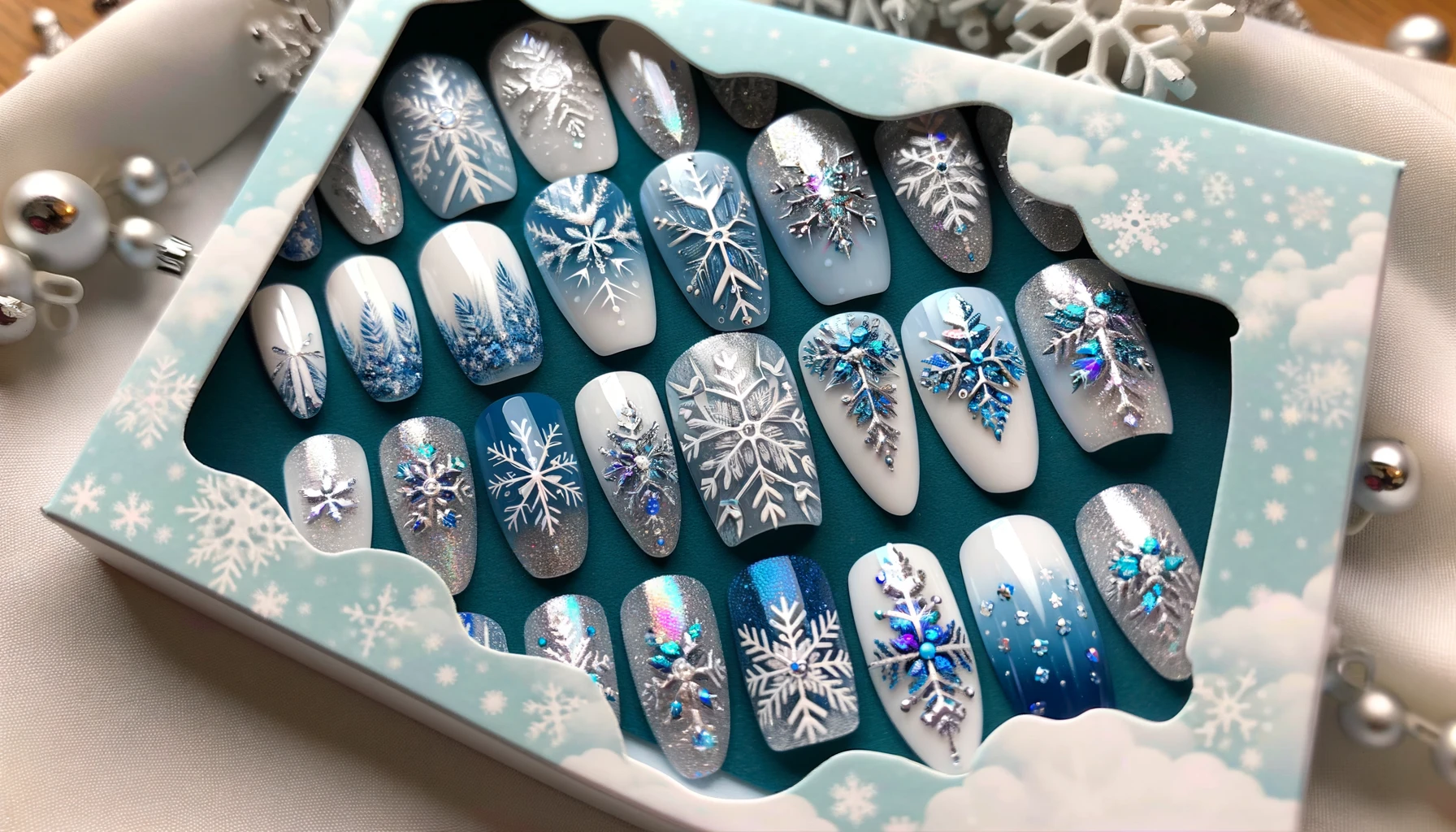 Snow Flake Press On Nails Packaged