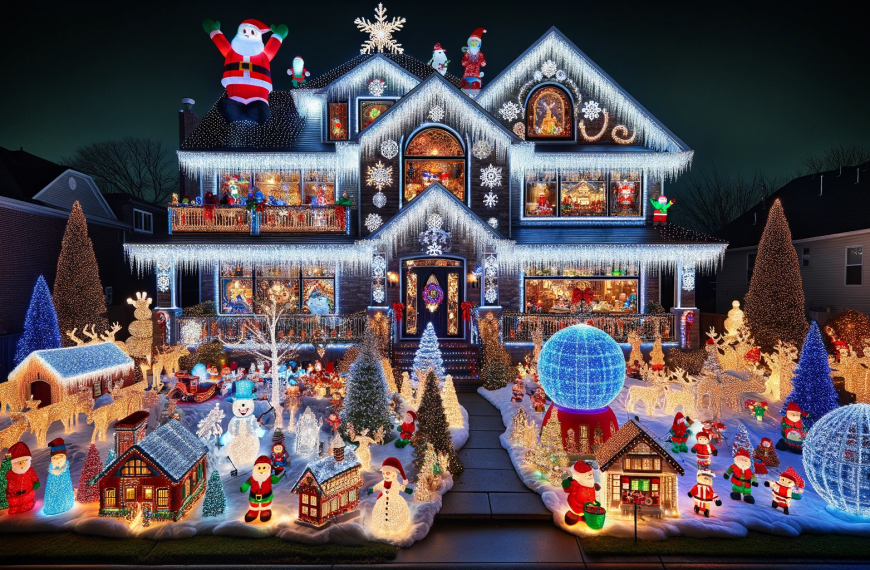 Snow Themed Christmas Lights on a House at Night