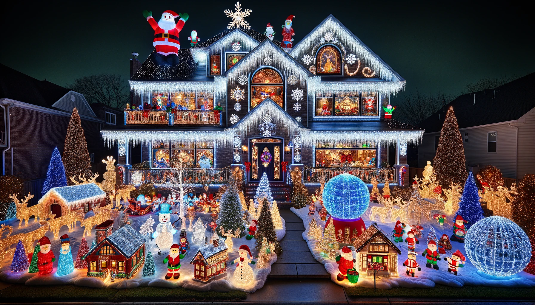 Snow Themed Christmas Lights on a House at Night