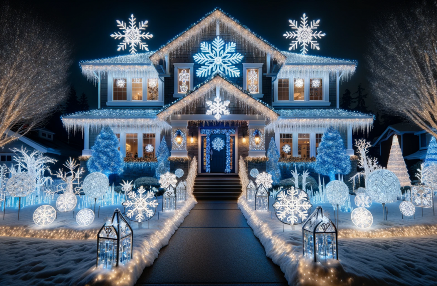 Snowflake Christmas Lights on House at Night