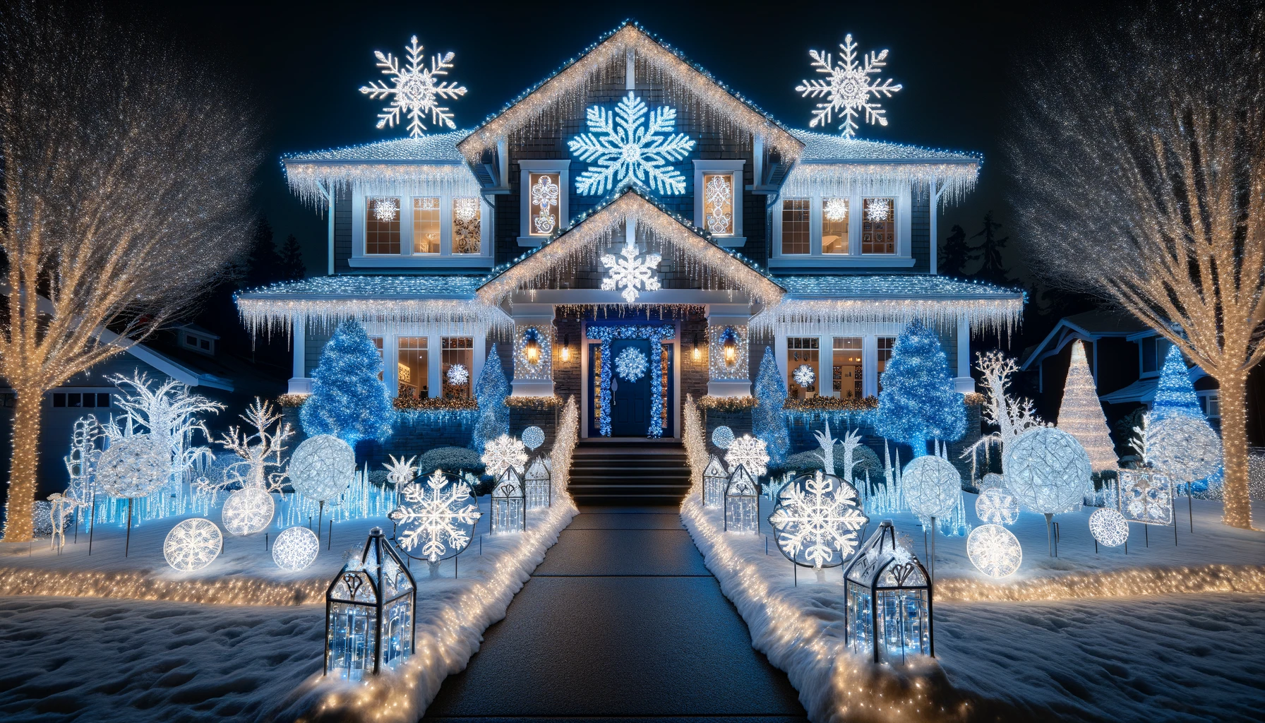 Snowflake Christmas Lights on House at Night