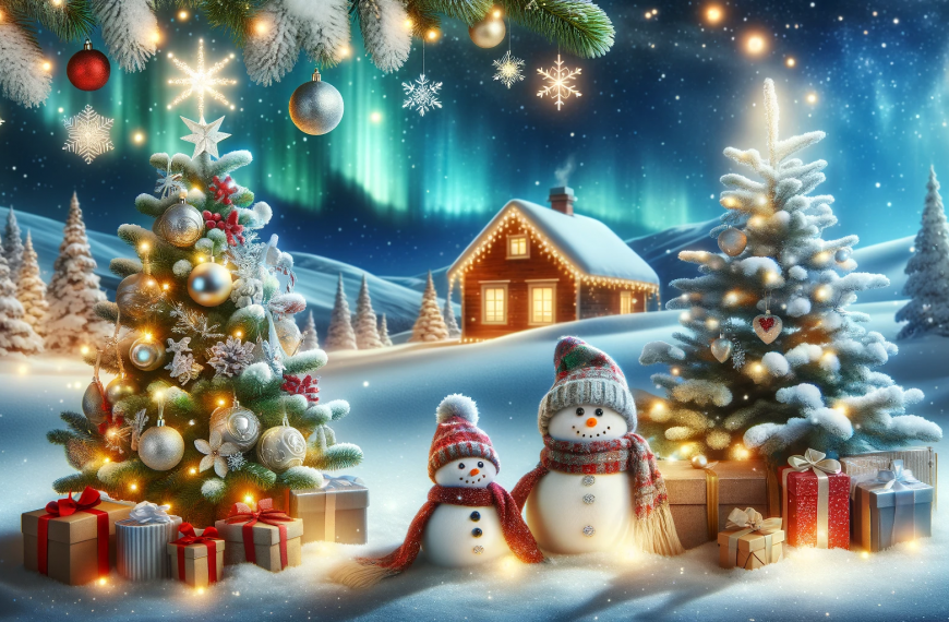 Snowman Christmas Trees Northern Lights Snow Cabin