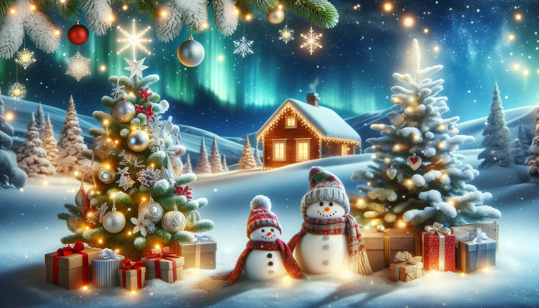 Snowman Christmas Trees Northern Lights Snow Cabin