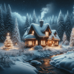 Snowy Cottage with Christmas Lights – Ai Generated Image – Royalty FREE Download