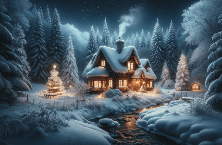 Snowy Cottage by River