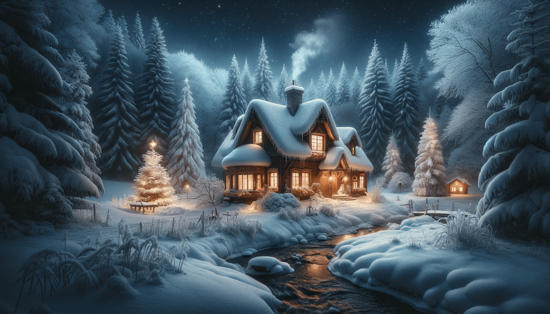 Snowy Cottage by River