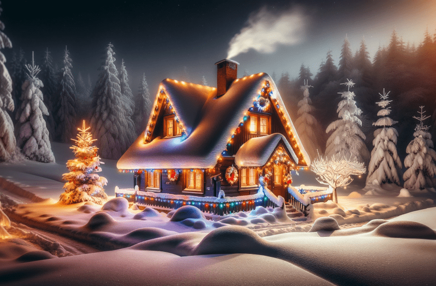 Snowy Cottage with Christmas Lights