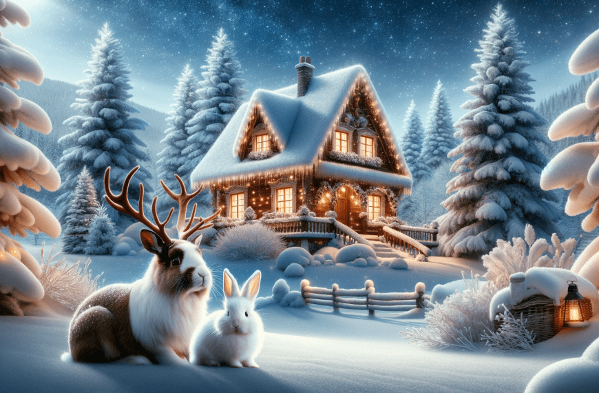 Snowy Cottage with Jackolope and Rabbit