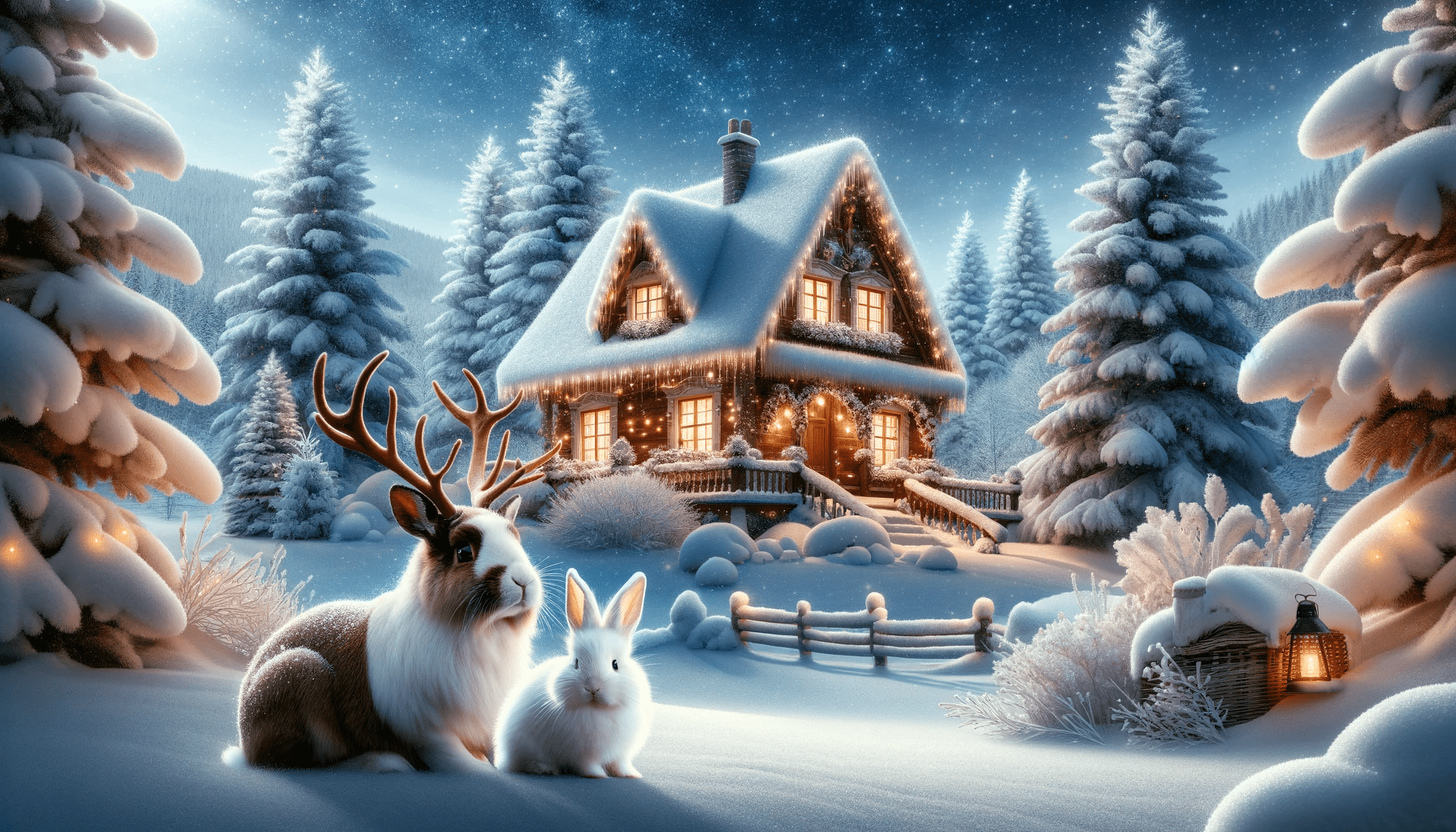 Snowy Cottage with Jackolope and Rabbit