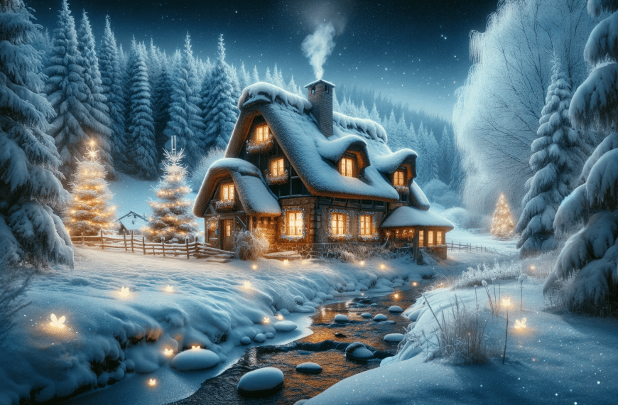 Snowy cottage with fireflies