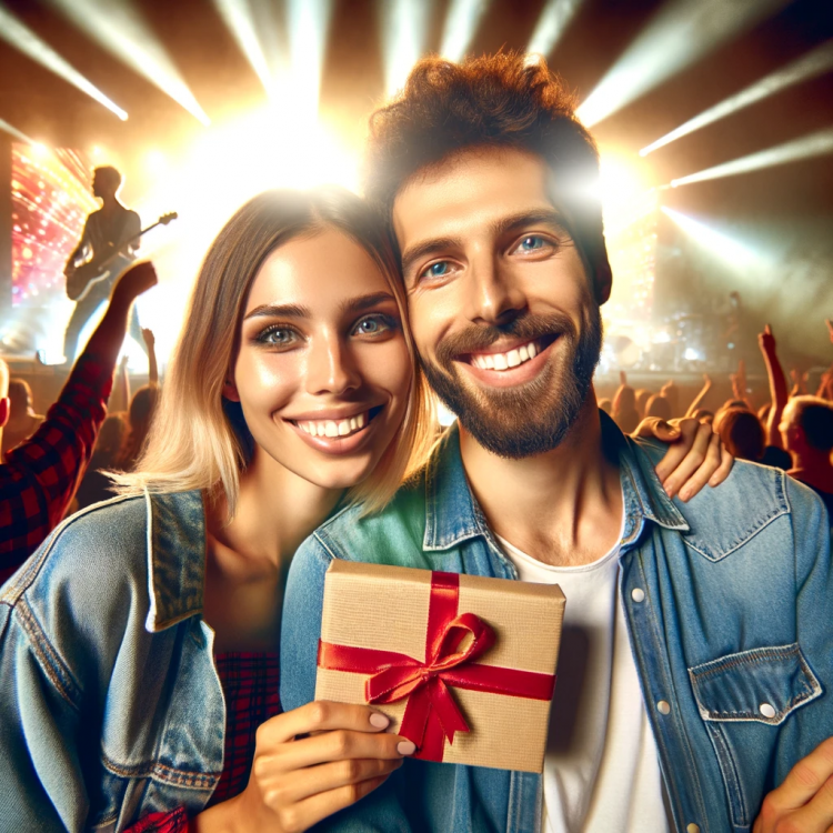 Two People Enjoying a Concert Together with a Gift