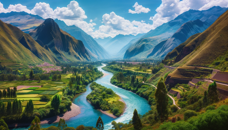 Urubamba River winding through the Sacred Valley in Peru