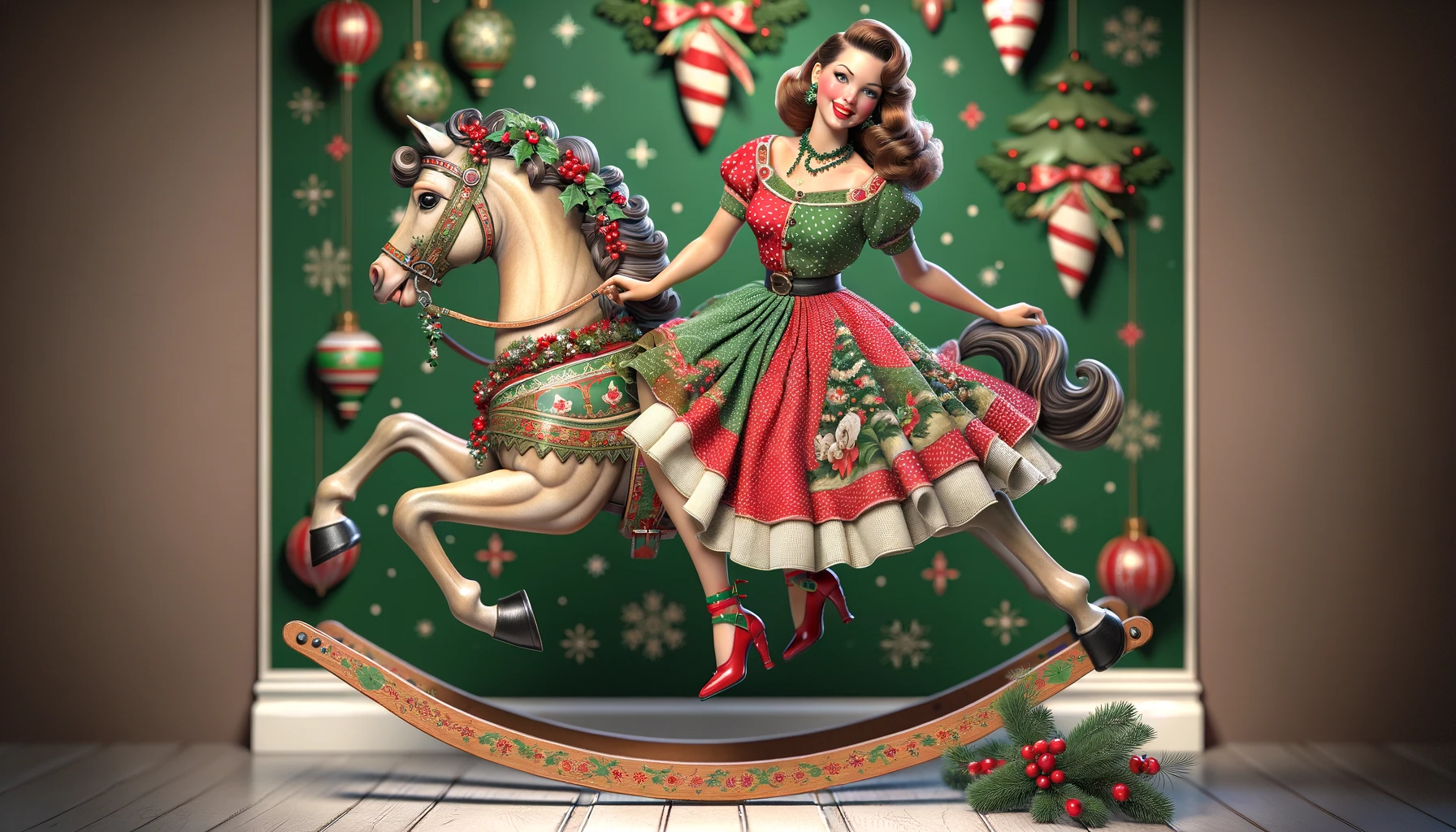 Woman on Christmas Rocking Horse