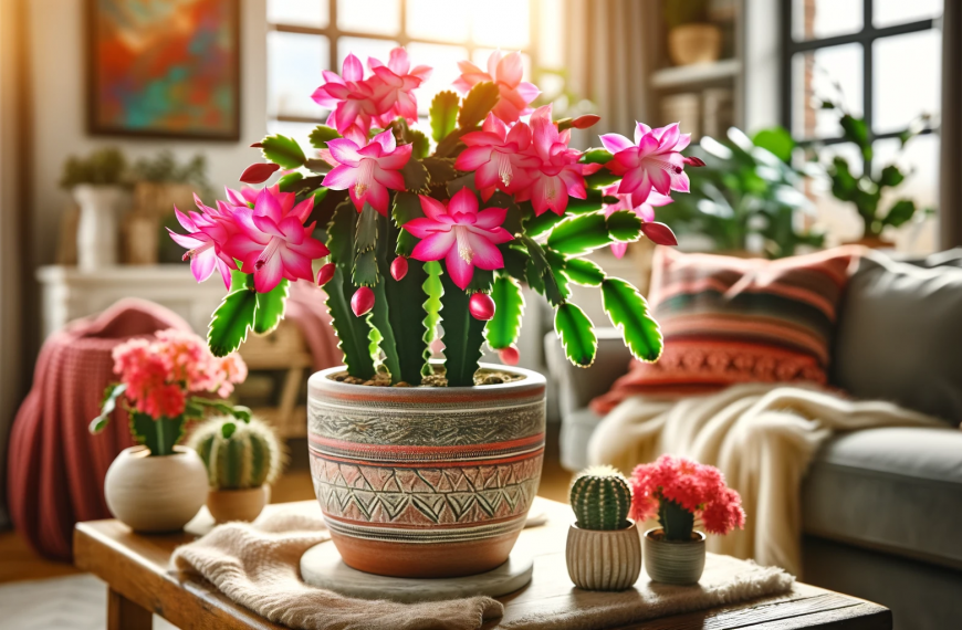 Blooming Christmas cactus on a living room table