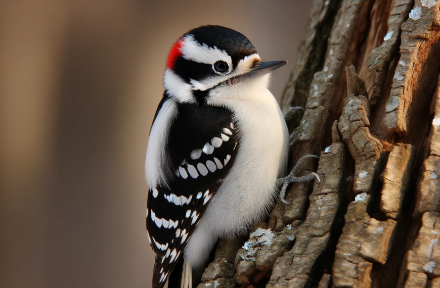 Downy woodpecker on tree trunk