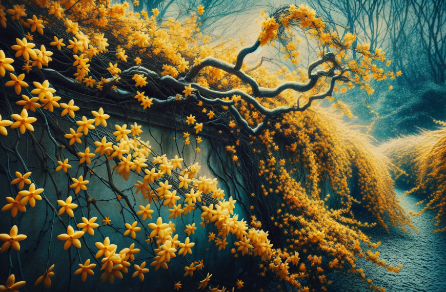 Winter jasmine on a garden wall