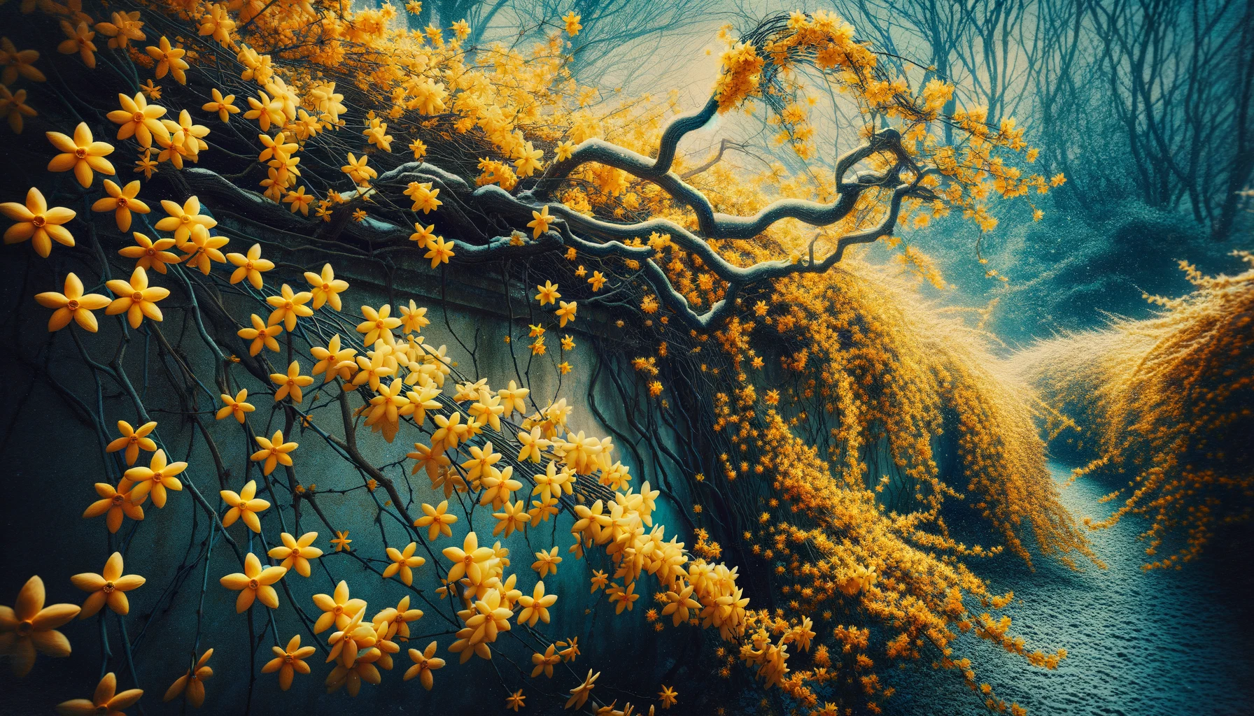 Winter jasmine on a garden wall