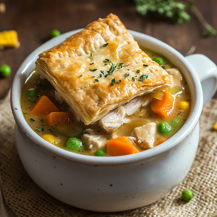 Chicken pot pie soup Ai generated image