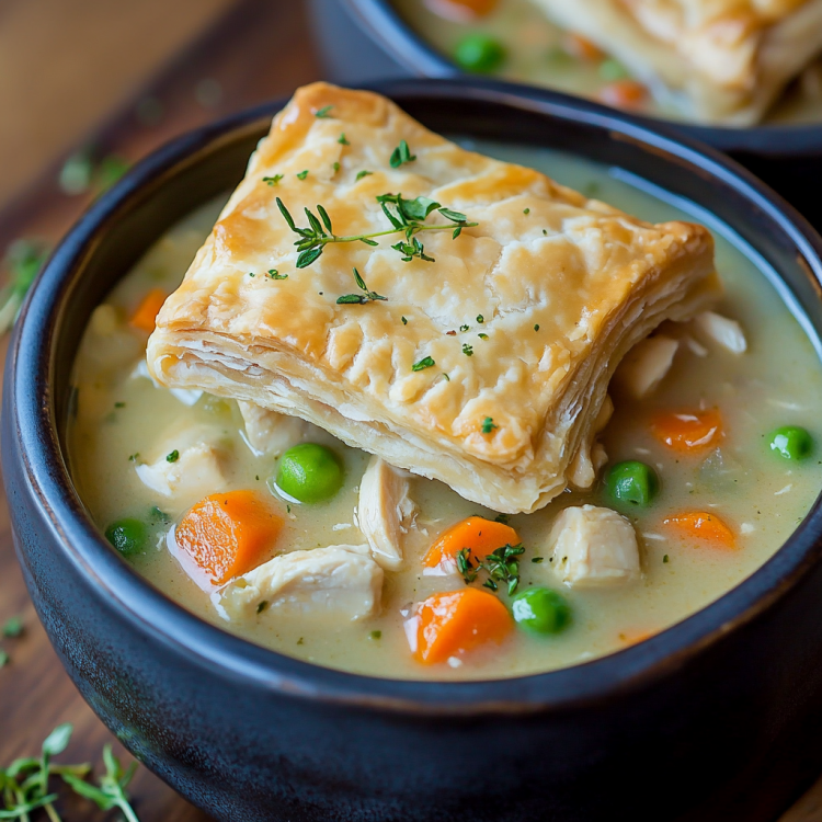 Chicken pot pie soup with puff pastry Ai generated image