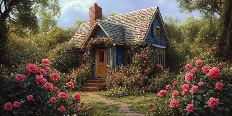 Cozy Cottage with A Rosebush Living Fence Ai Generated Illustration