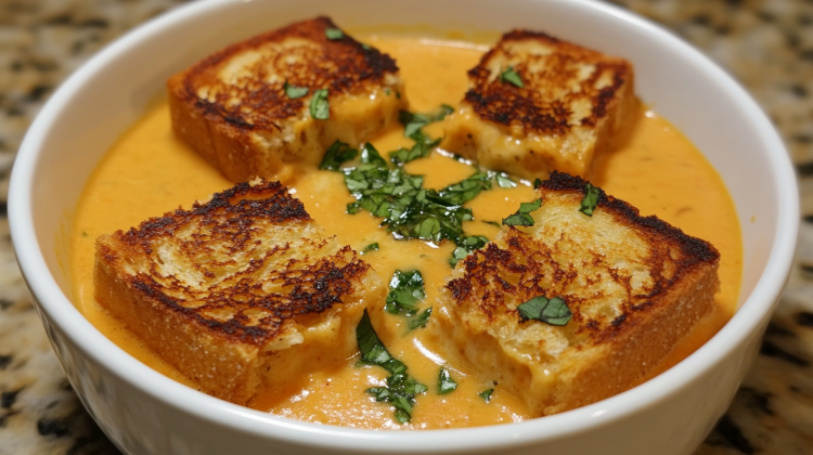 Creamy Tomato Basil Soup and Grilled Cheese Croutons Recipe Ai Generated image