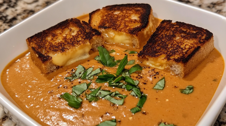 Creamy Tomato Basil Soup with Grilled Cheese Croutons Ai Generated image