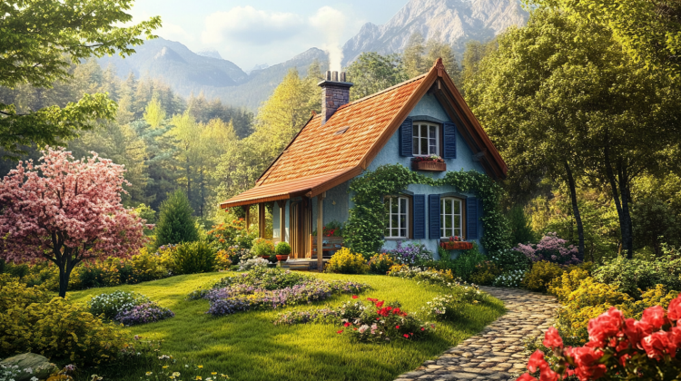 Blue house with meadow landscaping Ai generated image