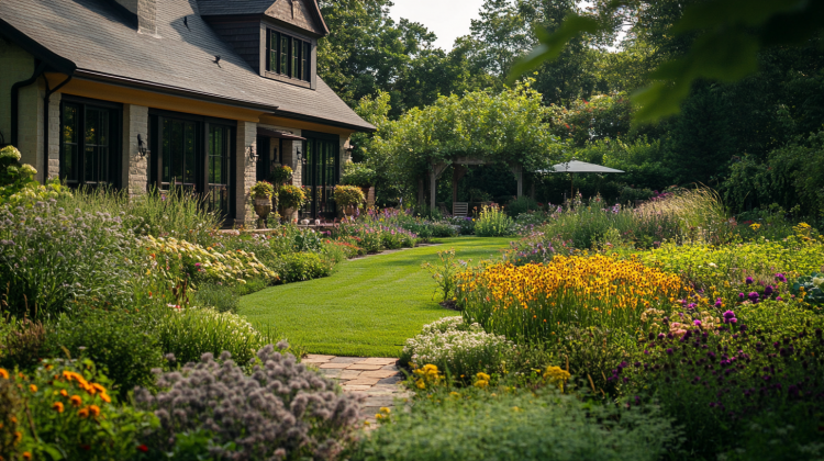 beautiful house with meadow garden ai generated image